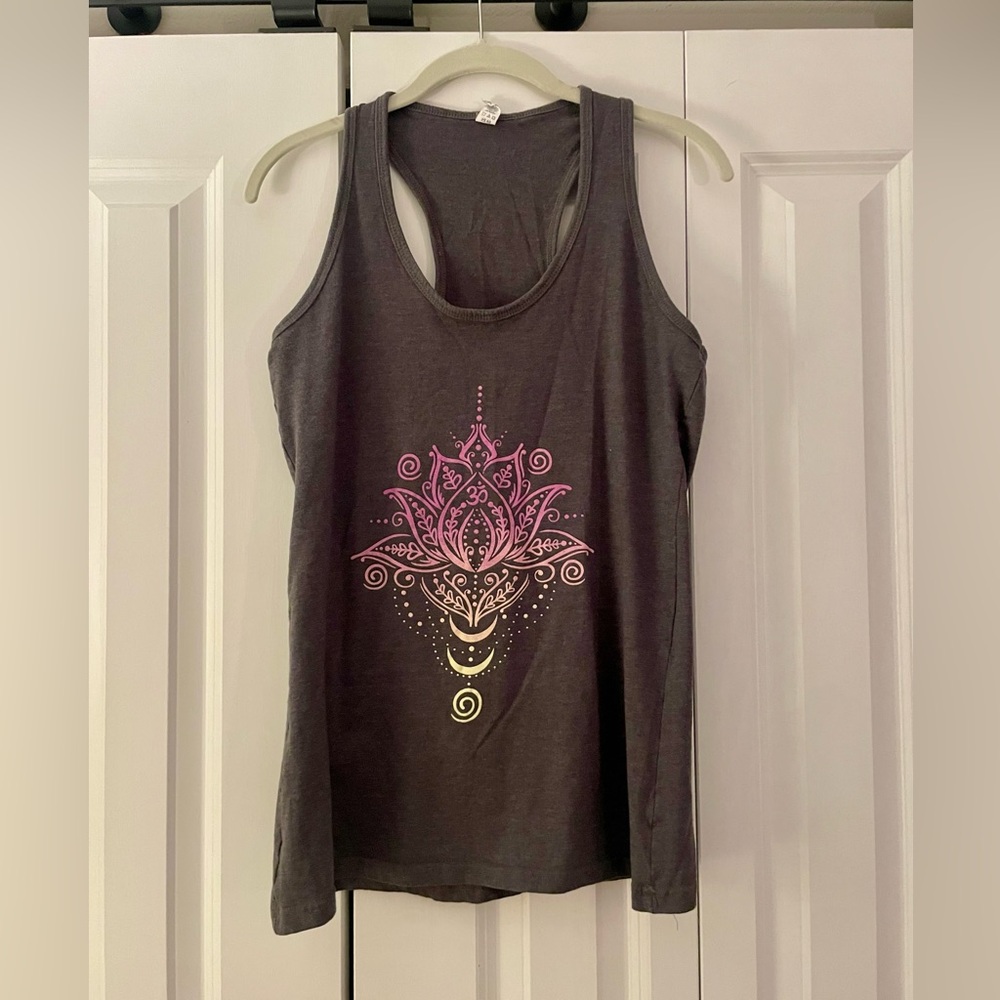 Women's Gray Tank Top with Pink and Purple Mandala Design